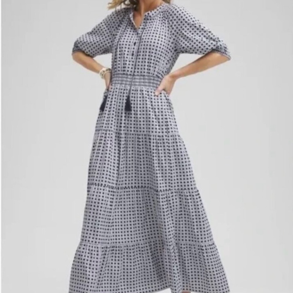 Chico's White and Navy Basket-Print Tiered Maxi Dress